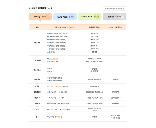 연령별(Puppy ~ Senior) 건강관리 항목, 주기·횟수 등 안내 화면 예시. [사진=손해보험협회]